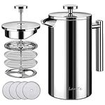 French Press Coffee Maker, Double Insulated 304 Stainless Steel Coffee Tea Maker 4 Level Filtration System, No Coffee Grounds, Rust-Free, Dishwasher Safe