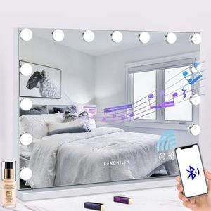 FENCHILIN Miroir Maquillage avec 15 Ampoules LED Haut-Parleur Bluetooth Miroir Coiffeuse Lumineux avec Port USB Grand Miroir Maquilleur Lumineux avec 3 Modes Déclairage Miroir Hollywood Coiffeuse