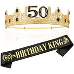 TITIKADI Gold Crown and Sash for 50TH Birthday King, Metal Birthday Party Decoration for Men