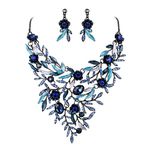 BriLove Wedding Bridal Jewelry Set for Women Crystal Flower Enamel Leaf Cluster Statement Necklace Dangle Earrings Sapphire Color Black-Tone