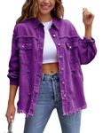 Omoone Women's Ripped Distressed Denim Jacket Casual Long Sleeve Boyfriend Jean Coat Basic Trucker Jackets, Dark Purple, Large