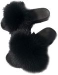 LVCOMEFF Women Real Fox Fur Sandals Slides Neon Green Orange Color Slippers Summer Fluffy (black, numeric_7)