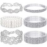 EIELO 6 Pcs Rhinestone Stretch Bracelet for Women Sparkly Clear Crystal Wedding Bridal Bridesmaid Stretch Bracelet Jewelry Stackable Elastic Pearl Multilayer Strand Link Tennis Bracelets Set