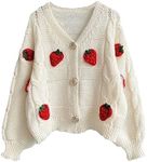 Womens Kawaii Strawberry Knit Cropped Sweater Cute Cardigan Aesthetic for Teen Girls Floral Y2k Korean School Uniform Jacket, Beige, Small