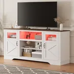 GarveeHome Farmhouse TV Stand with LED Lights, Entertainment Center for 65/60/55 Inches Televisions, TV Console with Storage Cabinets and Open Shelves, TV Cabinet for Living Room, Bedroom, White