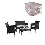 XEO HOME 4 Pc Rattan Garden Furniture Sets 4 Piece Indoor Outdoor Table and Chairs Set Balcony Patio and Conservatory Furniture Sofa Backyard Pool Side Coffee Seater (Black Rattan With Rain Cover)