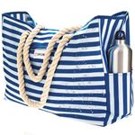 Beach Bag XL. 100% Waterproof. L17"xH15"xW6" w Cotton Rope Handles, Top Magnet Clasp, Two Outside Pockets. Blue Stripes Shoulder Beach Tote Includes Phone Case, Built-in Key Holder and Bottle Opener