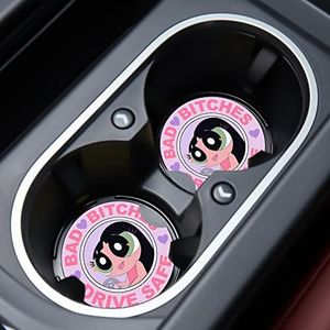 Jupswan Car Cupholder Coaster Absorbent 2 Pack Cute Cartoon Girl Design Rubber New Automotive Cup Holder Decal Decor Accessories for Women Men DZ290