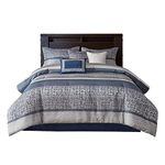 Madison Park Luxury Comforter Set-Traditional Jacquard Design All Season Down Alternative Bedding, Matching Bedskirt, Decorative Pillows, Queen(90"x90"), Rhapsody, Geometric Navy 7 Piece