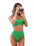 CUPSHE Women Swimsuit Bikini Set High Waisted Ribbed Texture Widen Trim Two Piece Swimsuit Bathing Suit Green M