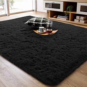 Ompaa Soft Fluffy Area Rug for Living Room Bedroom, 5x8 Black Plush Shag Rugs, Fuzzy Shaggy Accent Carpets for Kids Girls Rooms, Modern Apartment Nursery Dorm Indoor Furry Decor