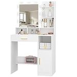 Hzuaneri Vanity Desk with Mirror and 10 LED Lights, Makeup Vanity with 3 Shelves & 4 Open Compartments, Dressing Table with Large Drawer & Cabinet, 3 Adjustable Lighting Brightness, White VT08103XV2