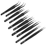 XINMEIWEN 10PCS Precision Tweezers Set Anti-Static Industrial Tweezers Set Stainless Steel Tweezers Kit for Electronics Lab Jewelry and Craft Making（Black）