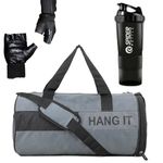 HANG IT Gym Bag Combo for Men ll Gym Bag with Shoe Compartment and, Black Bottle, Black Gloves ll Gym kit for Men and Women ll Gym Bag & Fitness Kit & Gym Bag Combo. (Black)