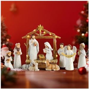 12 PCS Nativity Scene with Lights - White Hand Painted Nativity Sets Resin Figure, First Christmas Story Decoration Holy Family Manger Little People Nativity Set for Indoor Mantle Shelf Tabletop