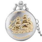 UIOXAIE Pocket Watch Silver Golden Military Series Navy Constitution Sail Frigate Quartz Pocket Watch FOB Chain Watch Old Ironsides,Fashion