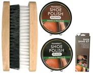 4pc Boot Brush & Wax Polish Set | Traditional Leather Shoe Polish Shine Kit Boot Polish Brush Kit - Includes Applicator Brush, Buffing Brush, Black & Brown Polish