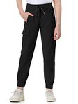 EXARUS Youth Girls Cargo Pants Slim Fit with Zip Pockets Kids Quick Dry Athletic Drawstring High Waisted Joggers 8-14Y, Black, 12 Years