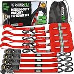 Rhino USA Ratchet Tie Down Straps (4PK) - 1,823lb Guaranteed Max Break Strength, Includes (4) Premium 1" x 15' Rachet Tie Downs with Padded Handles. Best for Moving, Securing Cargo (Red 4-Pack)