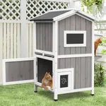 Gowoodhut Outdoor Cat House for Feral Cats 2 Story Cat Shelter Outdoor Weatherproof Wooden Cat Codons House for Cats Kitten Candos with 3 Escape Doors, Waterproof Roof