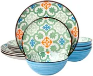 Joseph Sedgh Collection “Harper” 12-Piece Porcelain Bohemian Style Dinnerware Set, Service for 4, Green, Blue and Orange