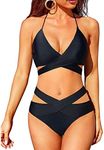 Holipick Two Piece Bikini Sets for Women High Waisted Bikini Push Up Swimsuit Halter Wrap Criss Cross Bathing Suit, Black, Large