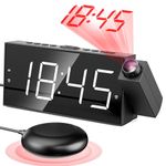 Loud Vibrating Projection Alarm Clock for Heavy Sleepers, Deaf & Hard of Hearing, Pillow, Digital Bedroom Ceiling Clock with 12/24H, Large 7” LED Display & Dimmer, DST, USB Charger, Battery Backup