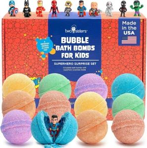 Superhero Boys Bath Bombs with Surprise Hero Toys Inside (12 Pack) - Large Bubble Bomb, Fruity Scents, Relaxing Aromas - Ideal Birthday Gift for Kids by Two Sisters