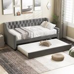 COSTWAY Linen Upholstered Daybed with Trundle Bed, Single Sofa Bed Frame with Button-Tufted Backrest and Wooden Slats Support, 2-in-1 Guest Bed Frame Platform Day Bed for Bedroom Living Room (Grey)