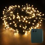 YOSION 100 LED String Fairy Lights Battery Power Operated Dark Green Cable 8 Modes Timer Function Rainproof Christmas Xmas Garden Party Wedding Decoration (Warm White, 100 LEDs)