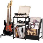 LELELINKY Record Player Stand, Black Adjustable Guitar Stand for Acoustic Guitar, Electric Guitar, Bass, Turntable Stand with Vinyl Display Shelf Storage Up to 150 Albums, End Table for Music Room