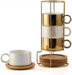 LUKA Porcelain Espresso Cup with Saucers and Metal Stand - 6 Ounce Stackable Ceramic Demitasse Espresso Mugs Cappuccino Cups Set for Latte, Coffee, Cafe Mocha, Tea - Set of 4,Shimmer Golden