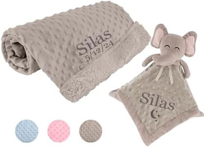 Personalized Passion Baby Blanket & Lovey Set - Soft Baby Swaddle Set with Embroidered Name, Birthdate - Newborn Gray Minky Blanket & Elephant Security Lovey for Girls & Boys