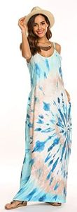 OURS Women's Summer Casual Floral Printed Bohemian Spaghetti Strap Floral Long Maxi Dress with Pockets (X-Large, A-Blue)