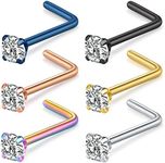 D.Bella Nose Rings Studs, L Shape Nose Studs Stainless Steel 18G Nose Piercings Jewelry 2.5mm Clear Round Cubic Zirconia Inlaid Mic Color