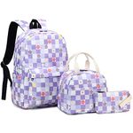 Mimfutu Flowers Checkered School Backpack for Teen Girls, 3-in-1 Kids Backpack Bookbag Set School Bags with Lunch Box Pencil Case (Purple)