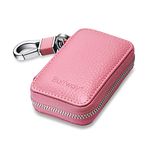 Buffway Car Key Cover,Genuine Leather Car Smart Key Chain Coin Holder Metal Hook and Keyring Wallet Zipper Bag for Auto Remote Key Fob - Pink