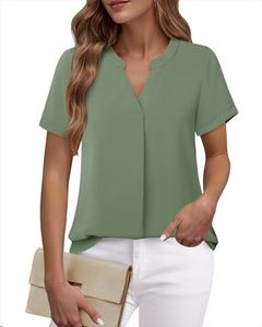 Timeson Womens Blouses: Short Sleeve - Ladies Tops and Blouses V Neck Chiffon Tunic Tops for Leggings - Business Casual Dress Shirts Professional Office Career Tops Polyester Formal Tea Green