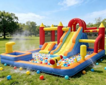 Inflatable Bounce House, 13-in-1 Double Water Slide Bouncy Castle for Kids 3-12, with Pools, Bouncer, Climbing Wall, Water Gun, 550W Blower for Indoor Outdoor Backyard, 185"×157"×83" Blue