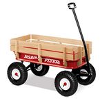 Radio Flyer Full Size All Terrain Classic Steel Pull Along Wagon with Foldable Handle and Wooden Stake Sides for Kids and Cargo, Red