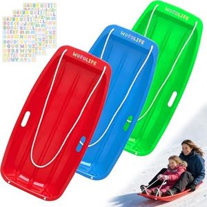 WOFOLiFE Snow Sled for Kids and Adults, Durable Plastic Sled with Stickers, Pull Rope and Handles, Cold-Resistant Toboggan Sled for Kids Winter Play