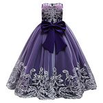 Flower Girls Lace Dress for Kids Wedding Bridesmaid Pageant Party Formal Long Maxi Gown Big Little Princess First Communion Birthday Dance Prom Sequins Bowknot Puffy Tulle Dresses Purple 9-10 Years