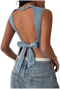 MakeMeChic Women's Tie Open Back Denim Tops Crew Neck Sleeveless Y2k Jean Tank Crop Top Blue Small