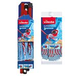 Vileda SuperMocio 3Action XL Compact Floor Mop with Extra Head Replacement, Mop for Cleaning Floors, Set of 1x Mop and 1x Refill, 12 x 11 x 48 cm, Red/Blue