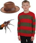 Edozos Junior Freddy Krueger Nightmare On Elm Street Fancy Dress Costume with Red & Green Stripe Jumper + Brown Hat + Claw Glove for Little Freddy Scary Halloween Outfit (Medium 9-10Y)