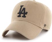 47 MLB Khaki Primary Logo Clean Up Adjustable Strap Baseball Dad Hat Cap, Adult One Size Fits All - Los Angeles Dodgers - Khaki Black, Los Angeles Dodgers - Khaki Black