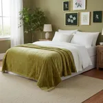 Tache Green Sherpa Bed Blanket - Earth Day - Chartreuse Embossed Cozy Light Olive Green Luxury Super Soft Warm Decorative Queen Size Flannel Throw Blanket - 90X90 Inch