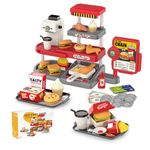 Pretend Play Fast Food Store Toy with Realistic Coffee Machine Card Reader Food Shop Playset with Simulate Hamburger Chips Sandwich etc Play Money Checkout Game for Kids