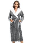 ROSYLINE Womens Robes Kimono Fleece Hooded Bathrobe Plush Long Warm Robe Grey S