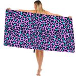 Large Microfibre Beach Towel for Adult,160x90cm Purple Leopard Print Sand Free Beach Towel,Lightweight Quick Dry Travel Swimming Towel with Bag,Compact and Thin Sports Towel Yoga Gym for Women Men